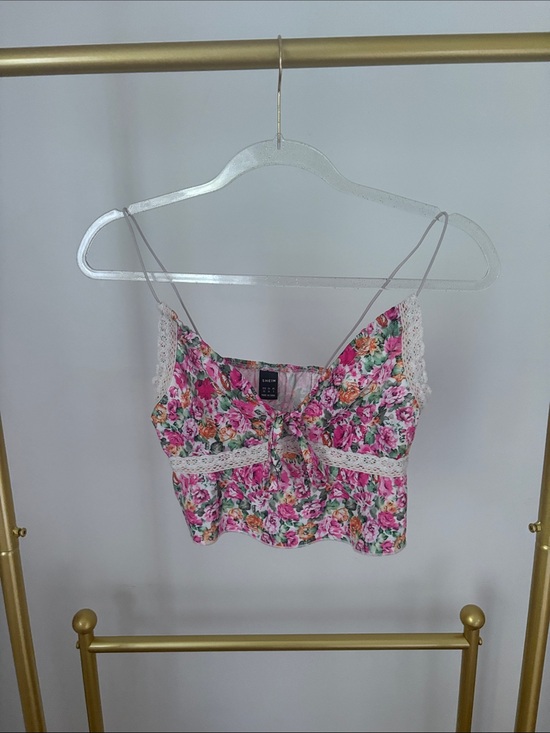 SHEIN Tops - SHEIN Pink Floral Lace-Trim Tie-Front Cami